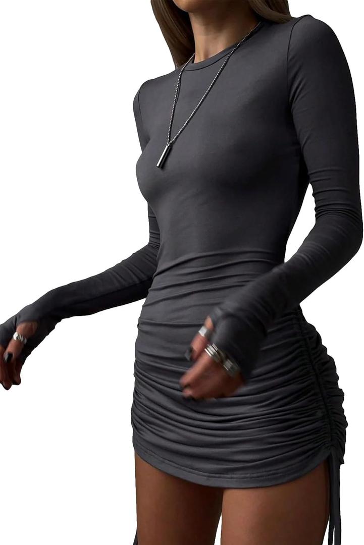 Generic Women's Drawstring Side Ruched Bodycon Dress Solid Long Sleeve Crewneck Pencil Dress Dark Grey X-Large