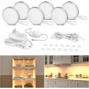 WOBANE LED Puck Lights Plug in, Under Cabinet Lighting with Switch, Dimmable Under Counter Lighting for Shelf, Closet, Cupboard, Bookcase, Display, Super Bright, 2700K Warm White, 6 Pack