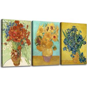 OKEXCKK 3 Piece Sunflowers- Irises Flower Vase Vincent Van Gogh Paintings Art Reproduction, Giclee Canvas Prints Wall Art for Home Decor 12"x16"