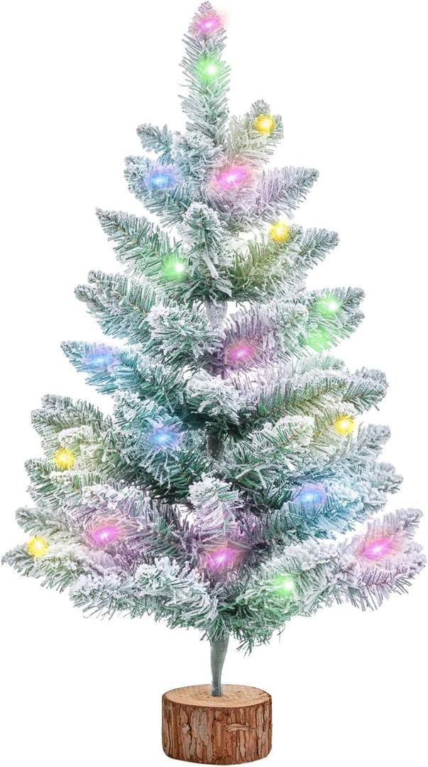 2FT Artificial Christmas Tree with Lights Green Tabletop Christmas Tree with Wooden Stand Lighted Battery Operated Snow Flocked Mini Xmas Pine Tree for Indoor Outdoor Holiday Home Decoration