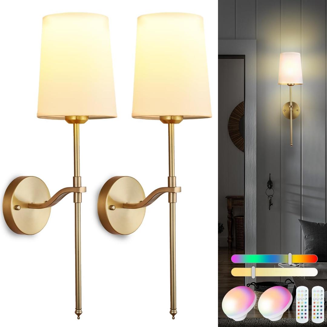 Wall Lights Battery Operated Wall Sconces Set of 2, Gold Rechargeable Wall Sconce with 15 RGB Dimmable Detachable Bulbs and Remote, Wireless Battery Powered Wall Lamp for Living Room Bedroom