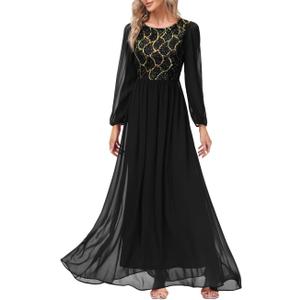 Women's Sequin Evening Dresses Long Sleeves Crewneck Floor Length Chiffon Formal Ball Gowns Dress (Medium, Black)