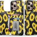 LETO for iPhone 16 Pro Wallet Case - Flip Folio Leather Kickstand - Fashionable Flower Designs - Credit Card Holder - Protective Phone Cover for Women and Girls - 6.3" - Blooming Sunflowers