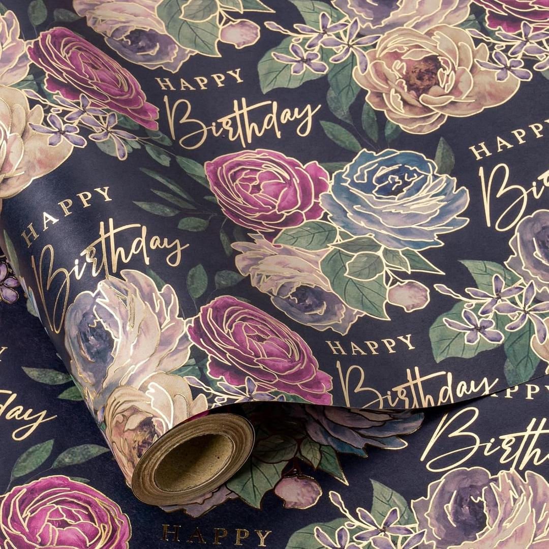 RUSPEPA Birthday Wrapping Paper for Women, 17 in x 16.4 ft, Mini Roll, Vintage Flower Wrapping Paper, Royal Blue Flower Kraft Gift Paper, Happy Birthday Pattern Great for Mother, Party and Holiday