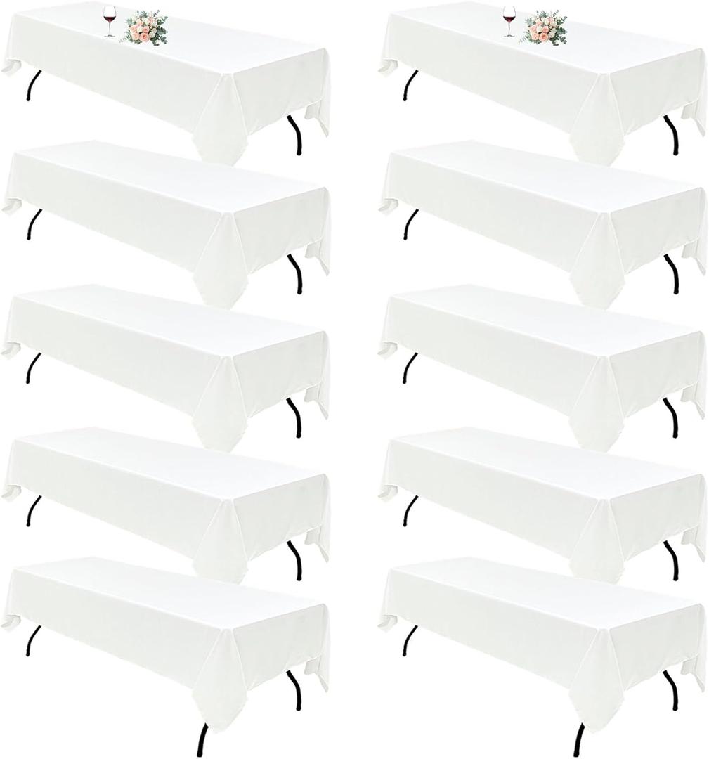 10Pack White Table Cloths for 8 Foot Rectangle Tables 60 x 126 Inch, 8FT White Tablecloth Rectangle Bulk Linen Polyester Fabric Washable Cloth Cover for Wedding Reception Banquet Birthday Party