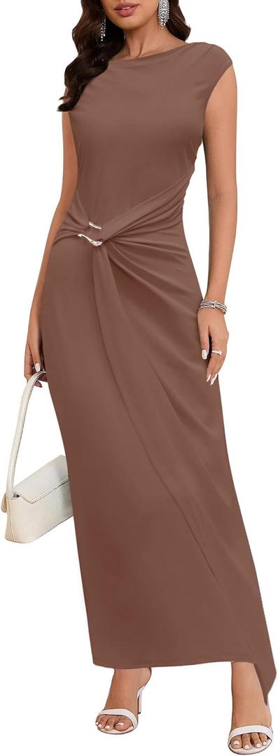 ZTMZA Summer Cocktail Dresses for Women Bodycon Casual Mock Neck Cap Sleeve Dress Elegant Wedding Guest Long Maxi Dress Brown, Small
