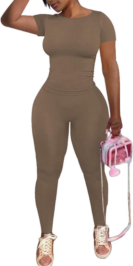 PINSV 2 Piece Sets for Women Summer Workout Sets Short Sleeve Top Jogger Legging Pants Track Suits, Beige, XL
