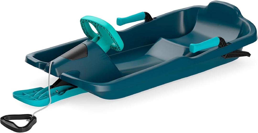 Durable Kids' Toboggan Sleds - Plastic, Lightweight, Winter Snow Sleds with Tow Strap & Pull-Up Brakes (Titan Blue)