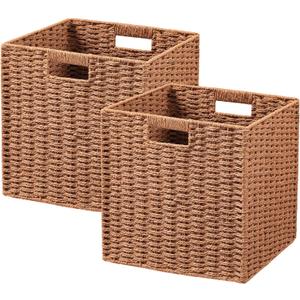 UBBCARE 2 Pack Wicker Basket, 11L11H10.5W inch Woven Paper Rope Storage Baskets for shelves, Foldable Cube Storage bin with Handle, Storage Basket for Organizing & Decor, Caramel