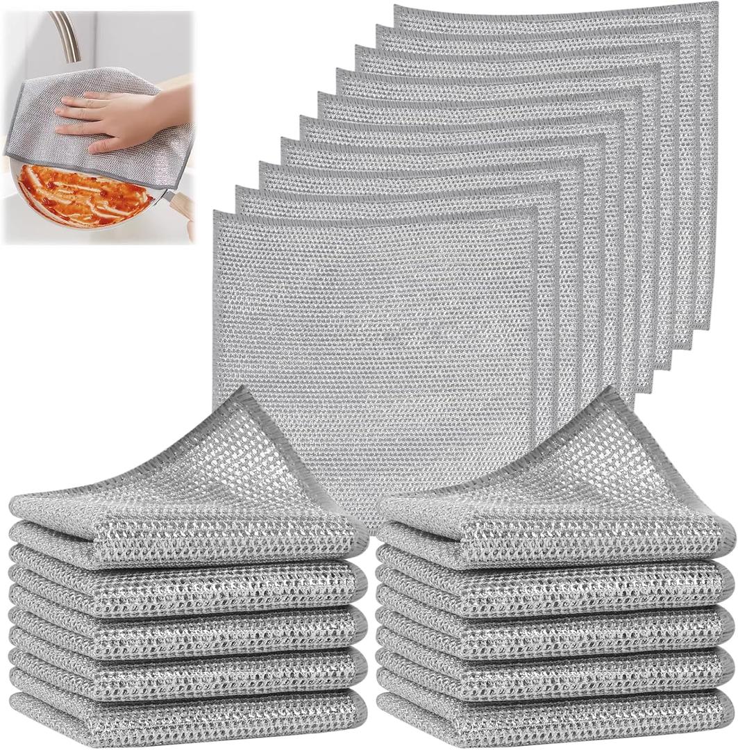 SINLAND Silver Mesh Dish Cloths Wire Dish Washing Rags Magic Cleaning Cloths Stainless Steel Metal Cloth for Dishes Sinks Counters Stove Tops Easy Rinsing 7.87x7.87 Inch 20 Pack