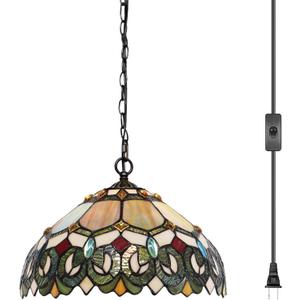 Tiffany Pendant Light Plug in Stained Glass Hanging lamp 12X12X181 Inch Hanging Lamp Living Room Bedroom Kitchen Dining Room Office(Seven Color Baroque)