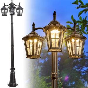 3-Head Solar Outdoor Street Light with Dusk to Dawn Sensor, Aluminum Exterior Pole Light with Water Ripple Glass, Classic Waterproof Black Solar Lamp Post Lights for Backyard, Garden, Driveway, Size: XX-Large