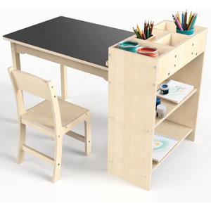 doowroodni Kids Art Table and Chair Set, Sturdy Beech Wood Study Desk for Childrens Drawing, Learning & Play - Multi-Functional Activity Table for Home,Toddler Desk with Storage and 1 Chair, 23 inches x 32.6 inches x 18 inches