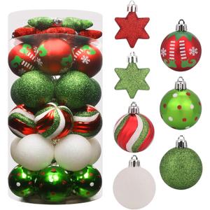 Ornament 35pcs Shatterproof Christmas Balls & Stars, Plastic, Red & Green, Hanging, for Xmas Tree Decorations, Wedding, Party Decors
