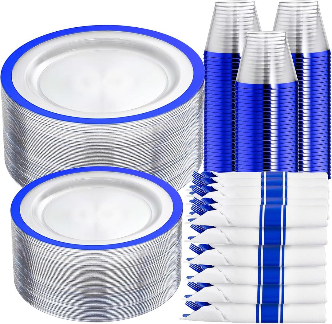 I00000 210 Pcs Dark Blue Plastic Plates, Clear Disposable Plates for 30 Guests, Blue Dinnerware Include 30 Dinner Plates 30 Dessert Plates, 30 Cups, 30 Pre Rolled Napkins with Cutlery Set for Party