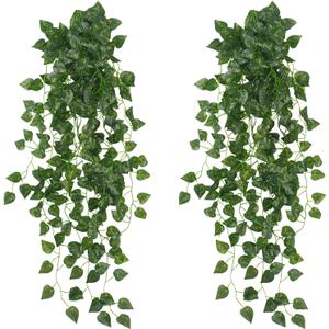 Uieke 2Pcs Fake Plants for Outside Fake Plant Decor 3.1ft Artificial Hanging Plants Fake Ivy Vine Faux Greenery Vine Plant for Home Room Wall Pot Hanging Planter Indoor Outdoor Dcor (Green Radish)