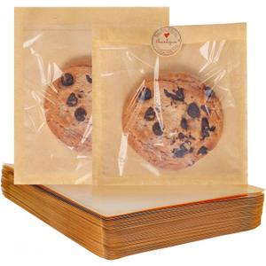 SUREHOME Cookie Bags Small Brown Paper Bags with Window 100 Pcs Thank You Stickers 5.7 x 6.5 Inch Individual Heat Sealable Kraft Bakery Bags for Gift Giving, Treats, Snacks, Baked Goods Packaging