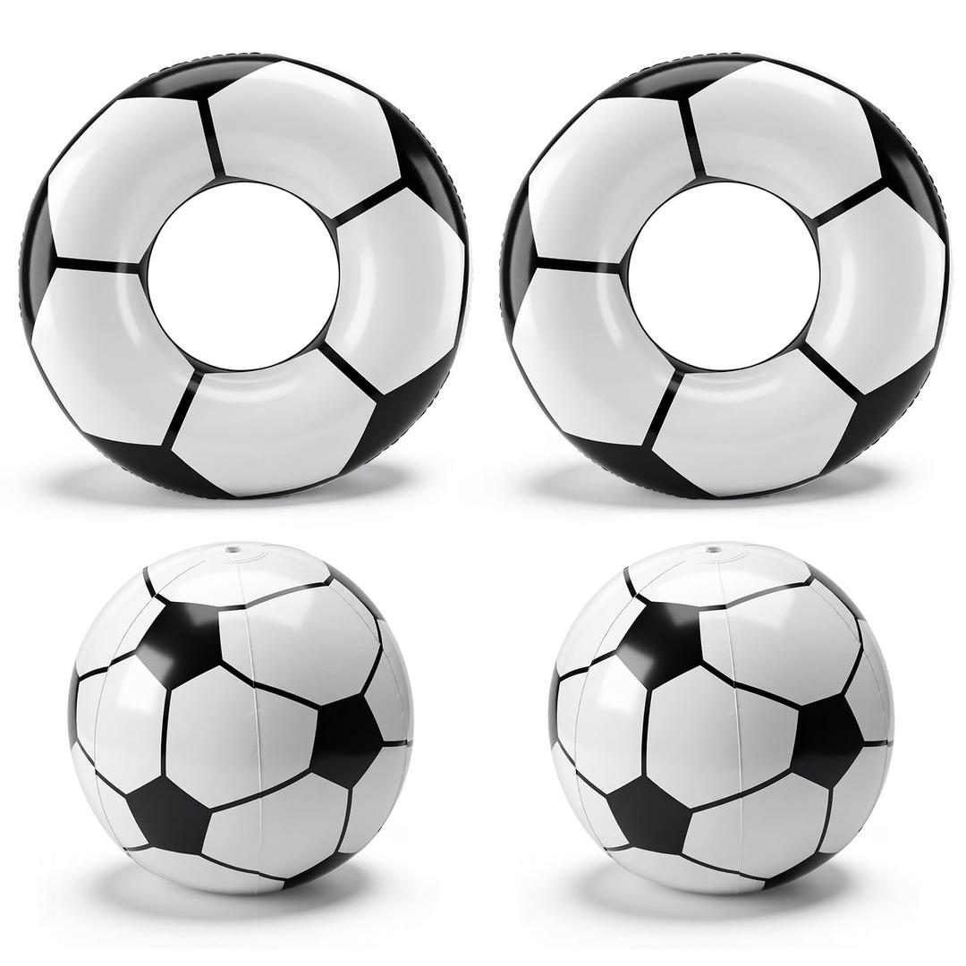 Soulchen 4 Pcs Soccer Inflatable Pool Floats Soccer Swimming Rings with 27" Inflatable Beach Balls Sports Theme Swim Tubes Rings for Adult Summer Sports Ball Decor Swimming Pool Beach Game