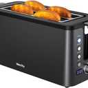 Mecity 4 Slice Toaster, Long Slot Toaster with Timer, Bagel, Defrost, Reheat, Cancel Functions, Warming Rack, Removable Tray, 6 Browning Settings, Extra Wide Slots, Stainless Steel, 1300W (Black)