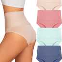 UNDER THE SEA Tummy Control Underwear for Women High Waisted Briefs Seamless Full Coverage Ladies Panties 4 Pack S-XXXL (Large, Navy+beige+green+pink)