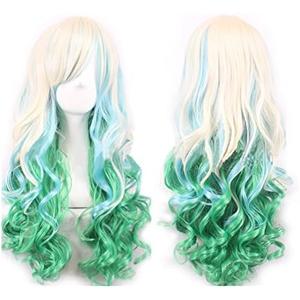 WeeH Women Wigs Long Hair Heat Resistant Spiral Curly Cosplay Wig Fashion Wavy Costume Daily Party (Bule/ Green/ Gold)