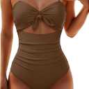 Tempt Me Women Sexy Cutout One Piece Swimsuits Tummy Control High Waisted Halter Front Tie Knot Bathing Suit (Brown), XL