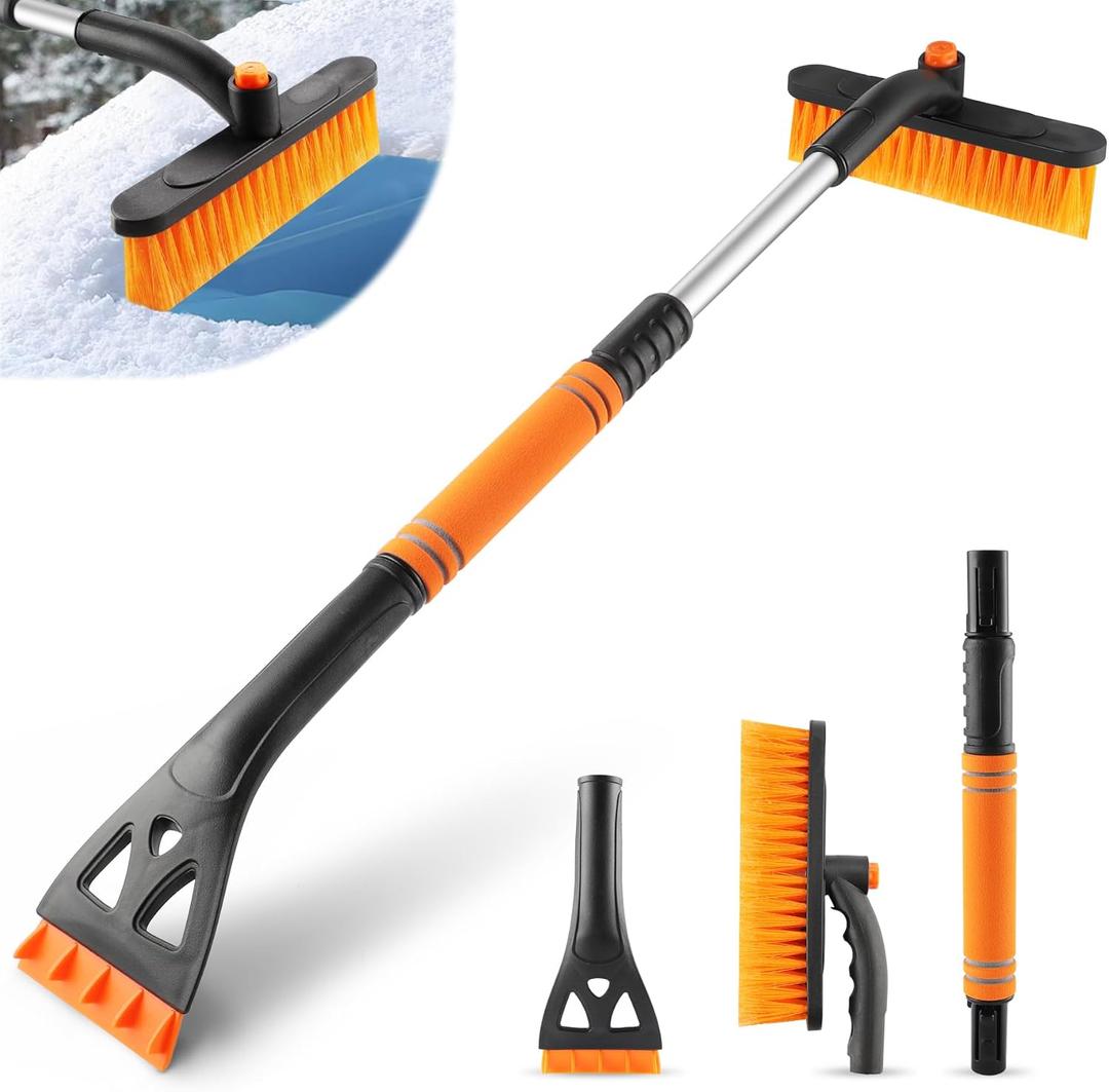 LivTee Ice Scraper and Snow Brush for Car Windshield, 32" Extendable Snow Removal Tool with 360 Rotating Brush, Automotive exterior Accessories and Winter Essentials for Cars, Trucks, and SUVs,Orange