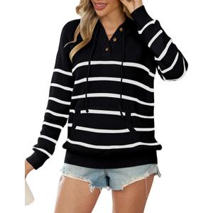 VIMPUNEC 2024 Fall Womens Oversized Hoodies Knit V Neck Sweaters Fashion Casual Pullover Tops (X-Large, C Stripe Black)