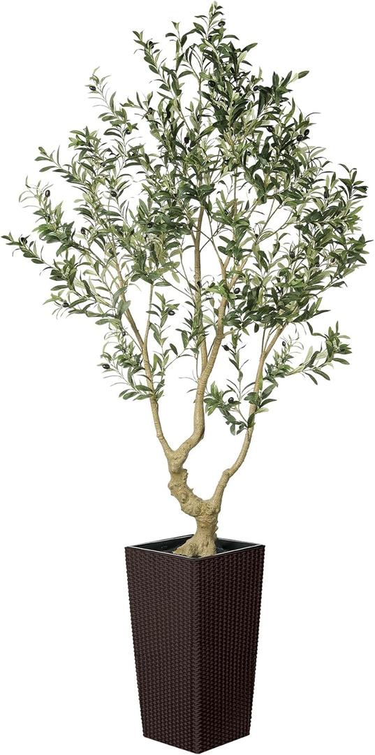 Faux Olive Tree 7ft - Olive Trees Artificial Indoor with Brown Tall and Large Planter - Fake Olive Tree with Natural Wood Trunk and Lifelike Fruits for Home House Office Decor