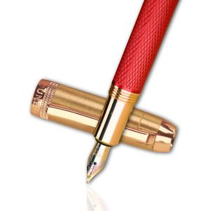 DUNBONG Fountain Pen, Gold & Red Lacquer, Medium Nib, Boxed Set | Brass engraved pattern | Gold-plated medium nib | Refillable converter | 2 nibs, 4 converters & ink | Boxed set