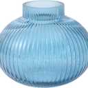 Blue Glass Vase for Tulips, Ribbed Glass Vase for Flowers, Round Flower Vases, Small Short Vases for Living Room, Office, Coffee Table, Shelf, Wedding, 6 Inches