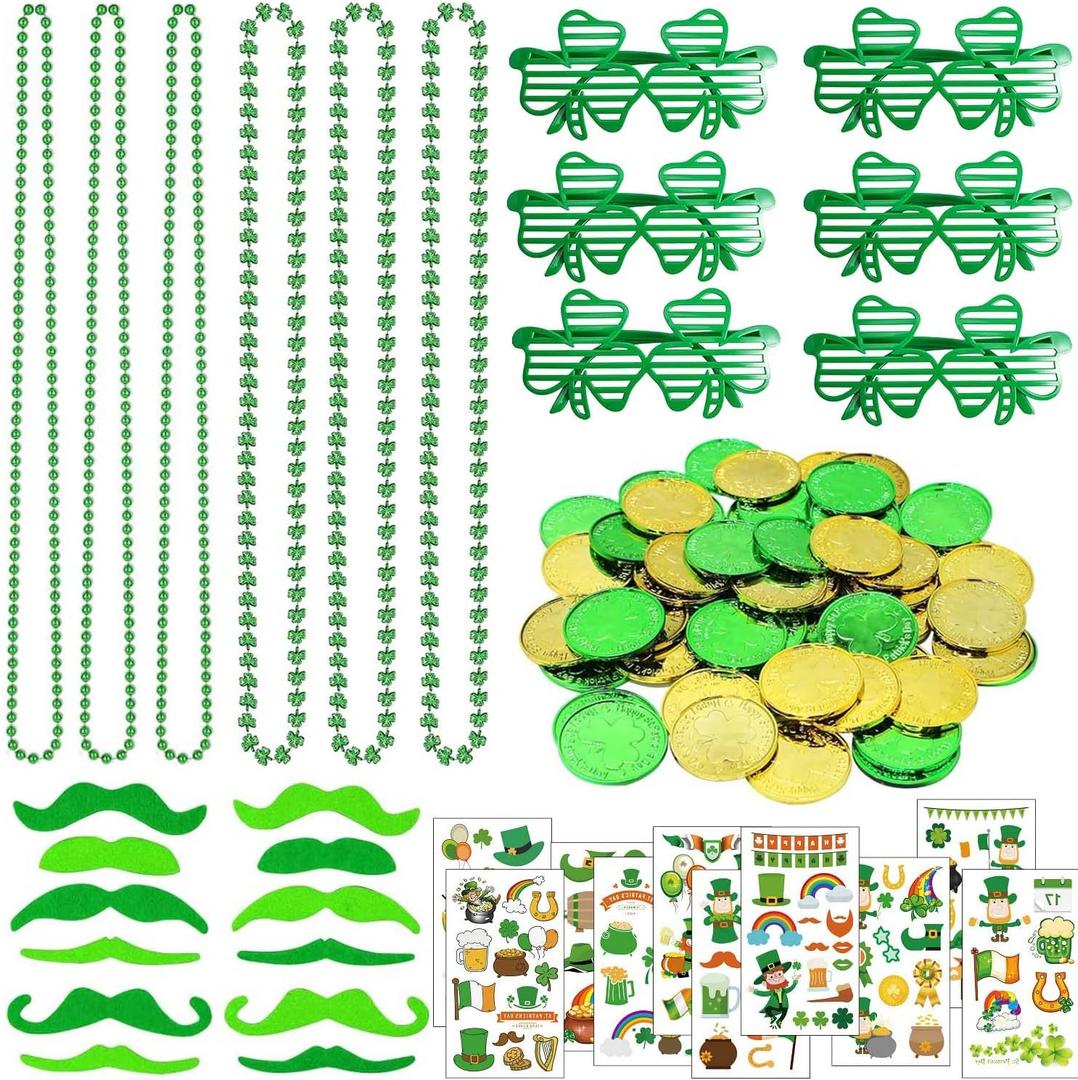 178Pcs St. Patricks Day Accessories Dressing-up Party Favors Set Shamrock Shutter Shades Glasses Necklaces Temporary Tattoos Mustache Coins for St Patricks Day Decorations Party Supplies