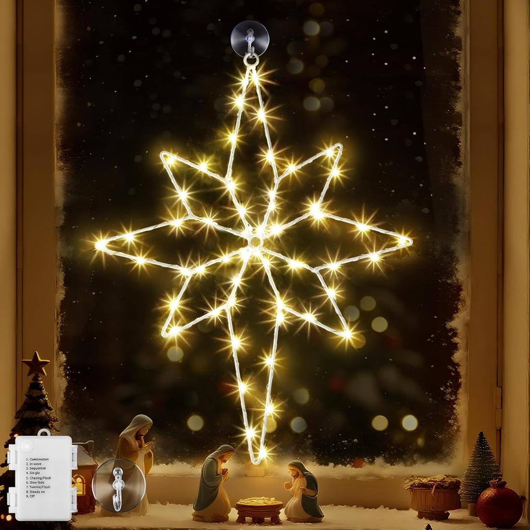 1 Pack 16 Large Christmas Window Light Decorations, LED Bethlehem Christmas Star Window Silhouette Lights with Timer, 8 Models, Iron Frame, Battery Operated Lighted Xmas Star Decors (Warm White)