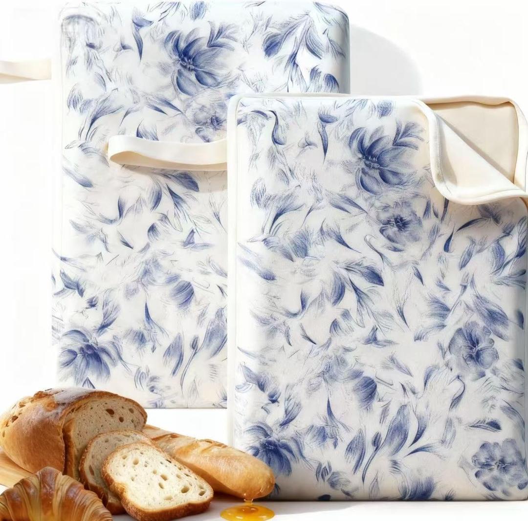 Wide Zipper Access Cotton &Beeswax Bags for Homemade Bread 2 Pack XL Reusable Beeswax Bread Bags for Homemade Bread Freezer Organic Cotton Food Storage Bags to Keep Fresh (Blue and White)