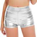 Women's Metallic Booty Shorts Shiny High Waisted Rave Bottoms for Dance Festival (Silver, Small)