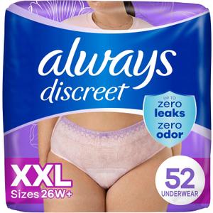 Always Discreet Adult Diapers for Women, Incontinence Underwear, Postpartum Essentials, Disposable Briefs, Max Absorbency, Bladder Leak Protection, 2XL / XXL, 52ct