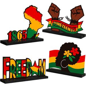 Chunful 4 Pcs Juneteenth Wooden Centerpieces Table Decorations June 19th Tables Centerpiece Happy Juneteenth Freedom Day Tabletopper Sign for Juneteenths Party Desktop Wooden Craft Decor