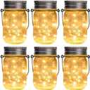 GIGALUMI Hanging Mason Jar Solar Lights, 6 Pack 30 Led Hanging Solar Lanterns Outdoor Waterproof, Hangers and Jars Included, Outdoor Decor for Balcony, Garden, Patio, Yard, Wedding