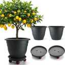 3-Pack Jumbo 15.7 Inch Planters with Rolling Saucers & Drainage  Large Flower Pots for Indoor/Outdoor, Heavy-Duty Moving Trays, Fits Tall Plants (Set of 3, Black)