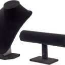 Juvale 2-Piece Black Velvet Jewelry Display Set, T-Bar Stand and Mannequin Bust for Necklaces, Bracelets, Bangles, Chains, Anklets, Earring Holder for Retail Shops, Boutiques