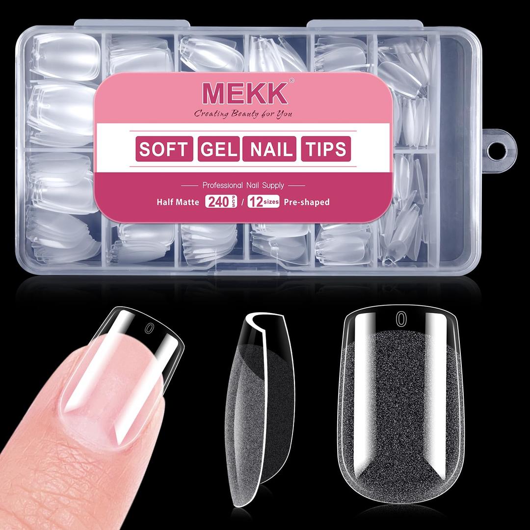 MEKK Short Square Nail Tips,240PCS Full Cover Half Matte Soft Gel Nail Tips,Pre-Shaped Nail Extensions for Home DIY & Salon Use - 12 Sizes