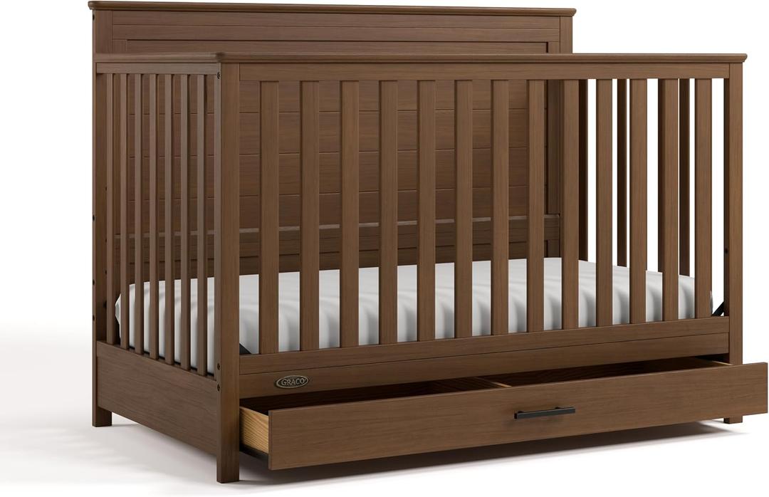 Graco Tristan 5-in-1 Convertible Crib with Drawer (Hazelnut) GREENGUARD Gold Certified, Fits Standard Crib Mattress, Premium Handle, Converts to Toddler Bed, Daybed, and Full-Size Bed, 30"L x 55"W x 40"H