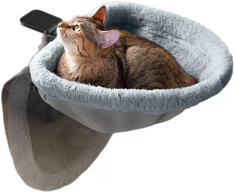 Cat Desk Bed-Extra-Large Clamp & Sunken Hammock Design,Soft Faux Rabbit Fur Material,One-Click Folding,Suitable for Various Desktops, Holds Up to 40lbs(Gray