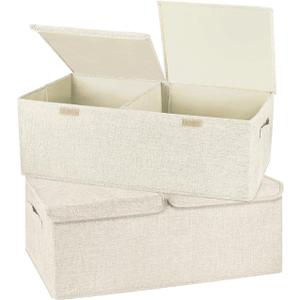2 Pack Large Storage Boxes with Lids and Handles, Collapsible Linen Storage Bins Organizer Containers Baskets Cube with Removable Divider for Home Bedroom Closet Office (Cream, Small)