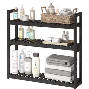 FILWH Bathroom Shelf Bamboo Organizer Rack Adjustable 3-Tier Storage Shelf Wall Mounted Storage Rack Over The Toilet Utility Shelves Living Room Kitchen Shelf (Black)