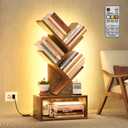 Hoctieon 3 Tier Tree Bookshelf with LED Lights, Small Bookcase with Drawer, Desktop Organizer Book Shelf, Display Floor Standing Storage Shelf, for Living Room, Bedroom, Office, Rustic Brown