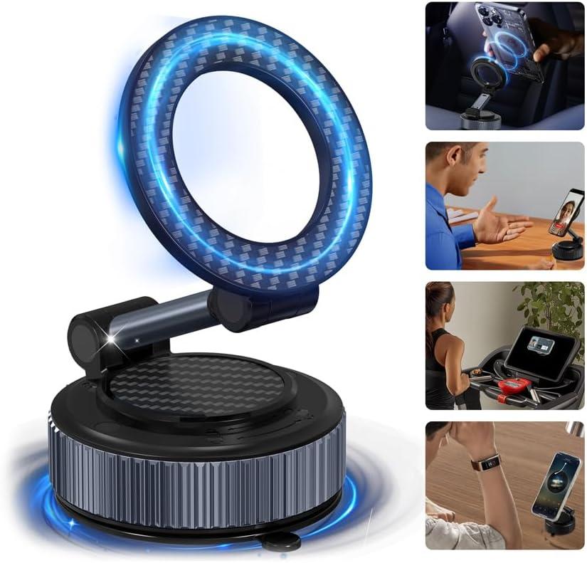 surundo Magnetic Phone Holder for Car - Upgraded 360 Vacuum Magnetic Phone Holder, Foldable Retractable Suction Cup Car Mount for Magsafe for Your Car/Gym/Mirror Mount for iPhone & Android (Gray Black)