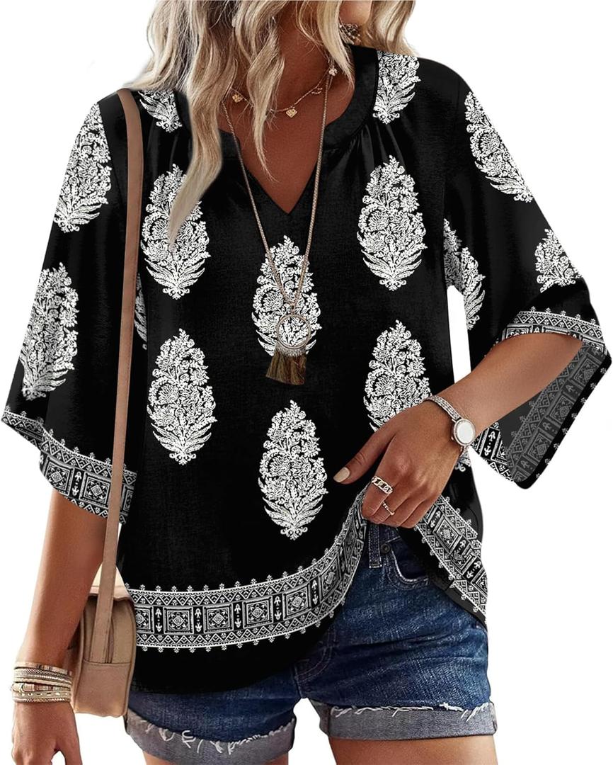 WIHOLL Boho Tops for Women Summer Spring 3/4 Sleeve Dressy Fashion V Neck Casual 2026 Business Beach Plus Size Resort Blouses (Small, A-multi Black)