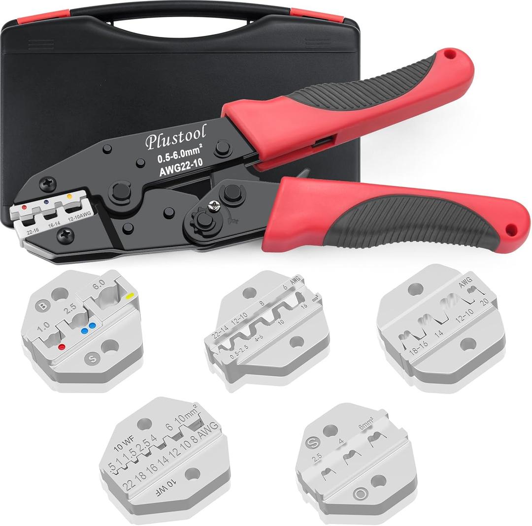 Plustool 6PCS Crimping Tool Set - Ratcheting Wire Crimper - for Heat Shrink, Insulated Nylon, Non-Insulated, Ferrule Terminal, Open Barrel Terminals & Solar Connectors