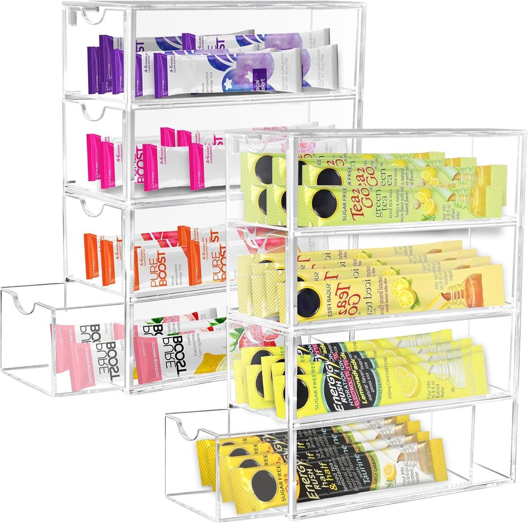 2 Pack Drink Packet Organizer, Acrylic Drink Mix Holder with 4 Clear Drawers Water Flavor Packets Container for Kitchen Pantry Home Organization (2 Pack)